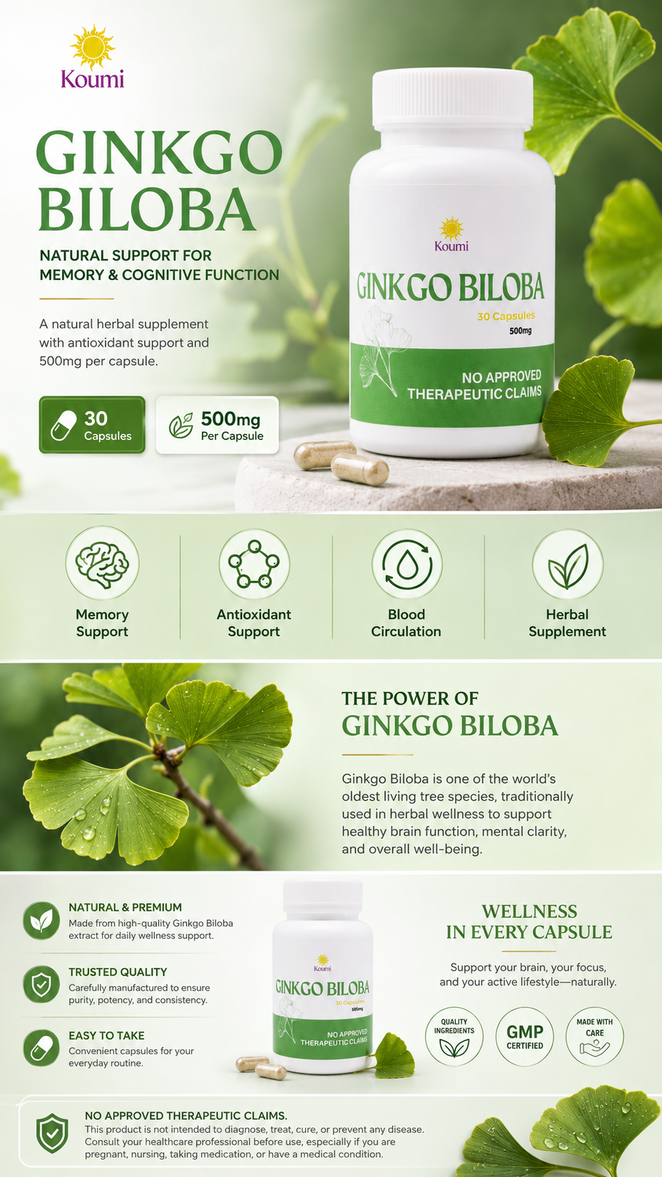 Koumi Ginkgo Biloba — natural support for memory and cognitive function. 30 capsules, 500mg each.